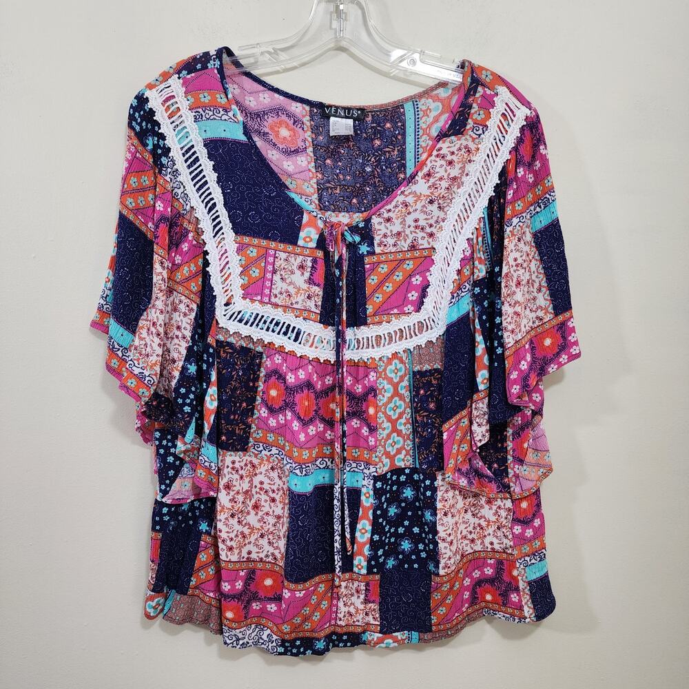 Venus patchwork colorful flutter sleeves keyhole tie front blouse woman's size L